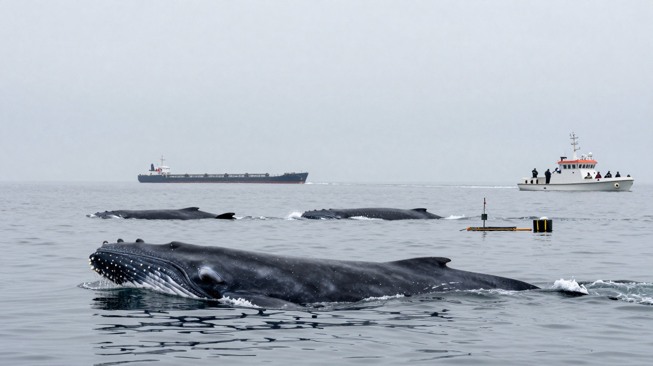 Baleias jubarte a emergir perto da superfície do mar com dois barcos ao fundo em dia nublado.
