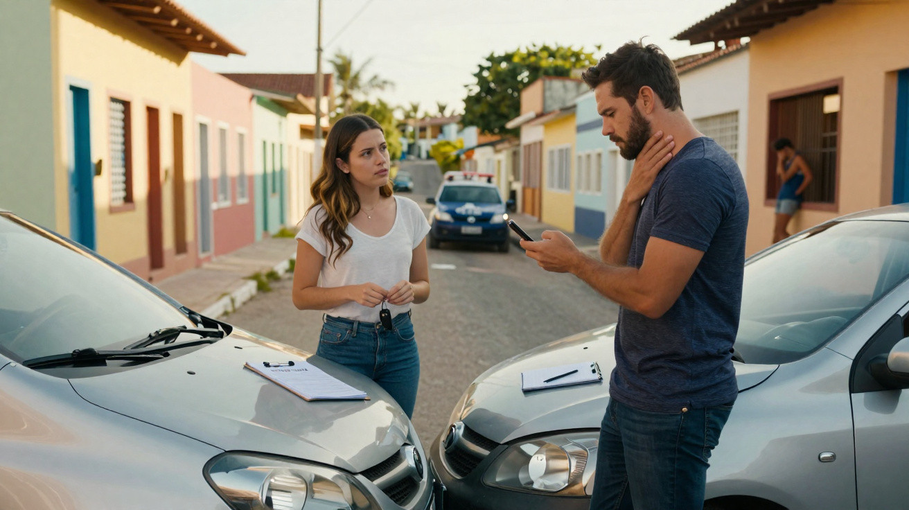 Dois adultos perto dos carros após uma colisão, com uma viatura da polícia ao fundo numa rua residencial.