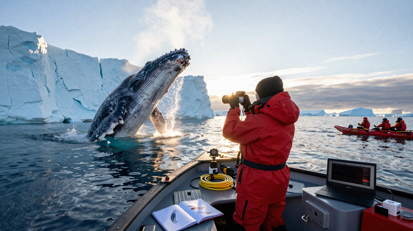 Fotógrafo em barco tira foto a baleia a saltar perto de icebergs no mar gelado ao pôr do sol.