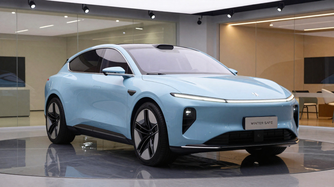 Carro eléctrico azul claro de design moderno exposto em salão com paredes de vidro e chão brilhante.