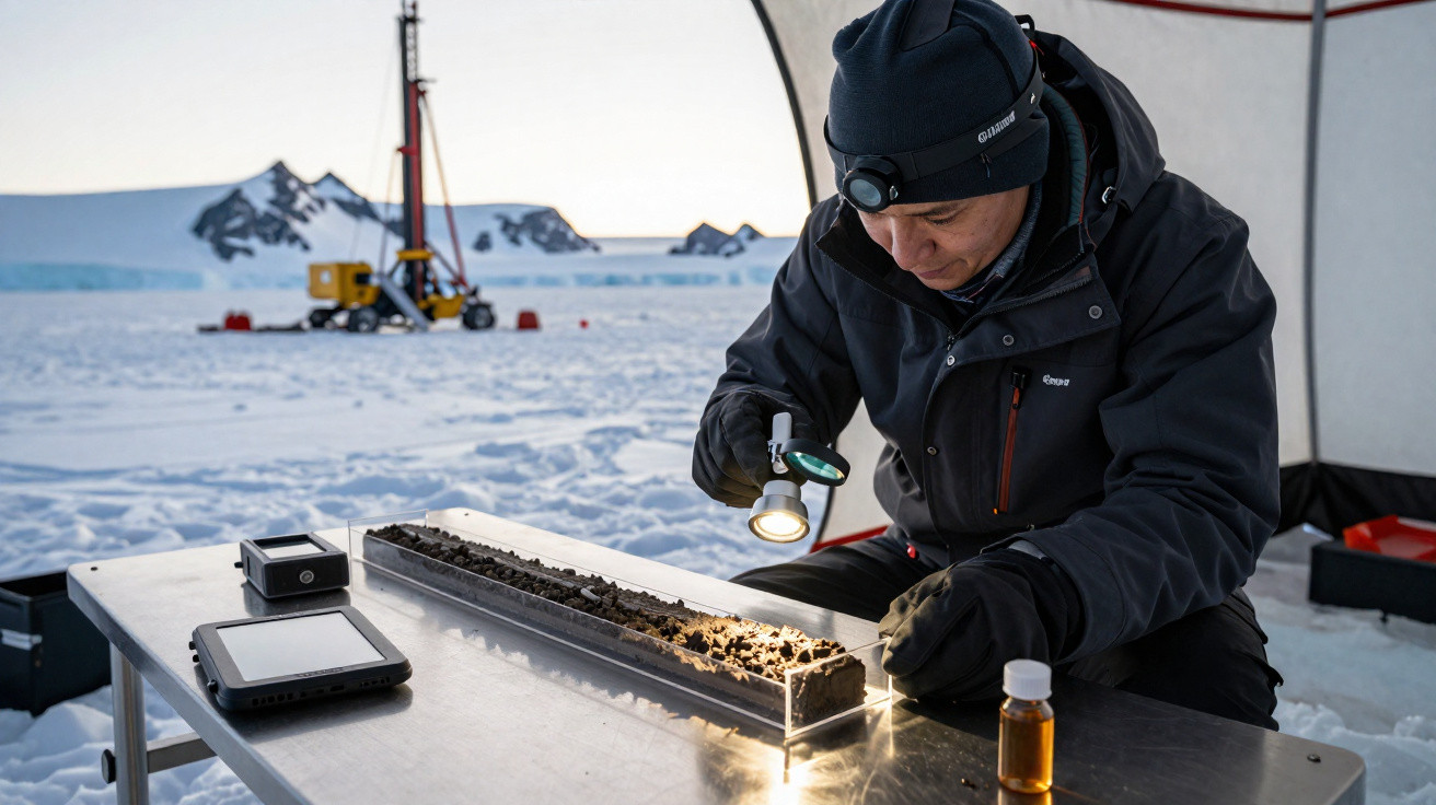 Investigador em roupa de frio analisa amostra de neve e terra dentro de tenda em ambiente gelado e montanhoso.