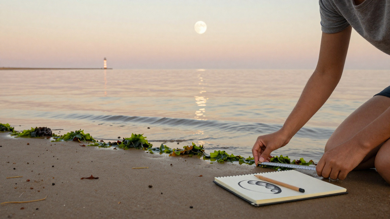 Pessoa a fazer desenho do ciclo da lua na areia da praia ao por do sol com farol ao fundo.