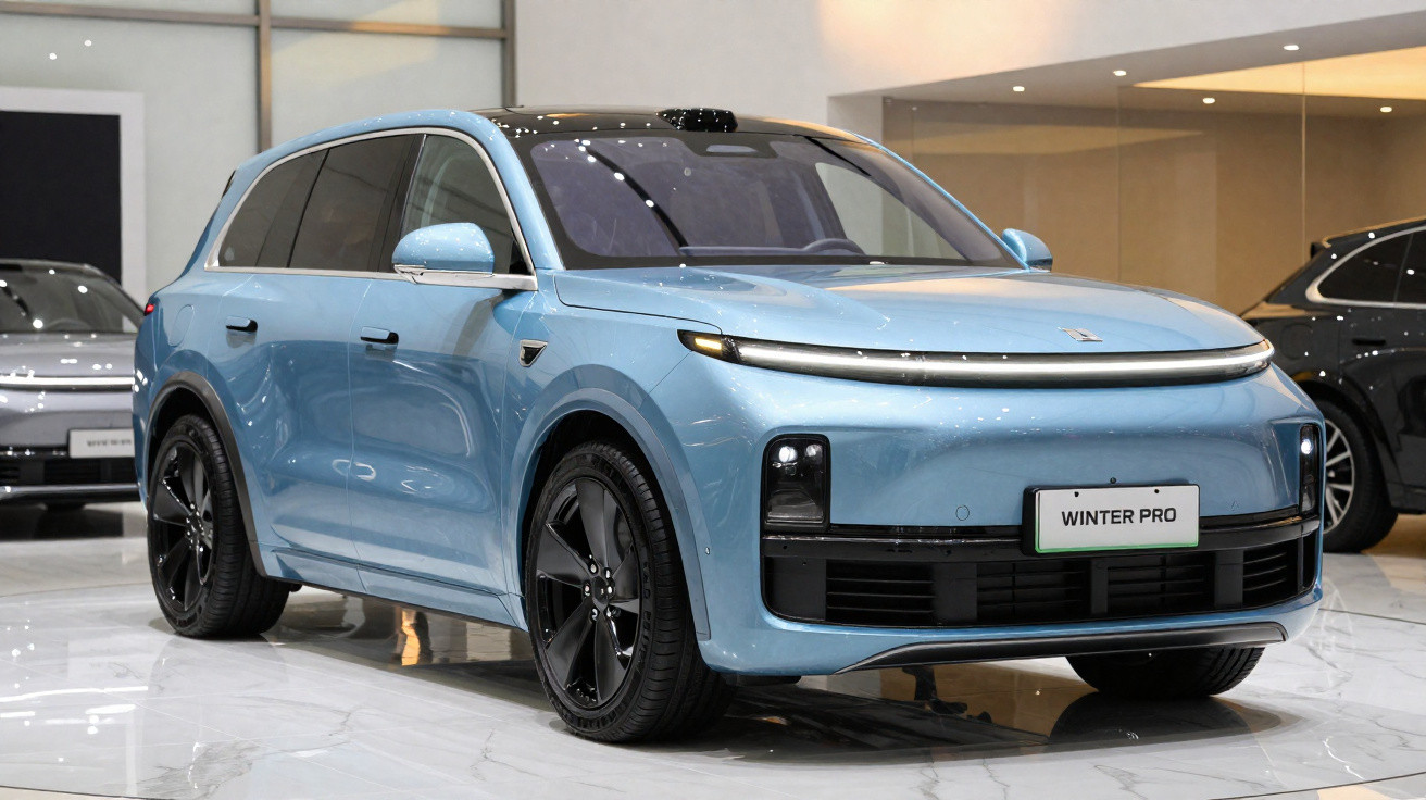 SUV elétrico azul claro, modelo Winter Pro, em exposição num showroom moderno e iluminado.