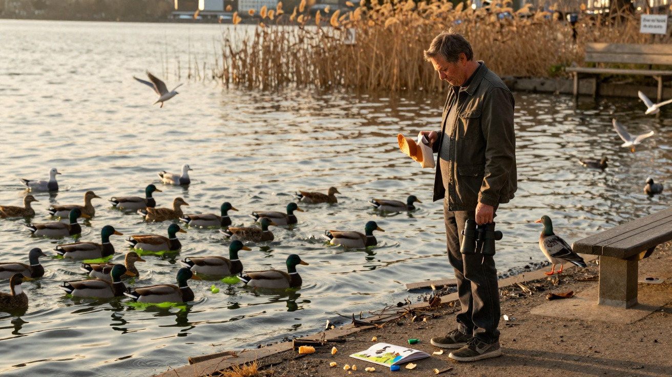 Homem alimenta patos à beira de um lago ao entardecer, segurando binóculos e uma caixa de alimentos.
