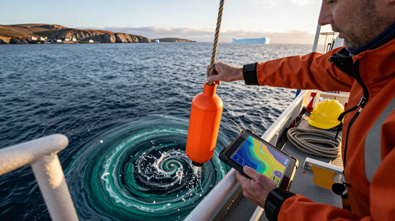 Cientista em barco a medir dados oceanográficos junto a vórtice na água com icebergue ao fundo.