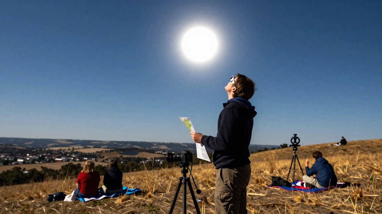 Pessoa observa o sol brilhante no céu, com câmeras e outras pessoas sentadas numa colina seca ao fundo.