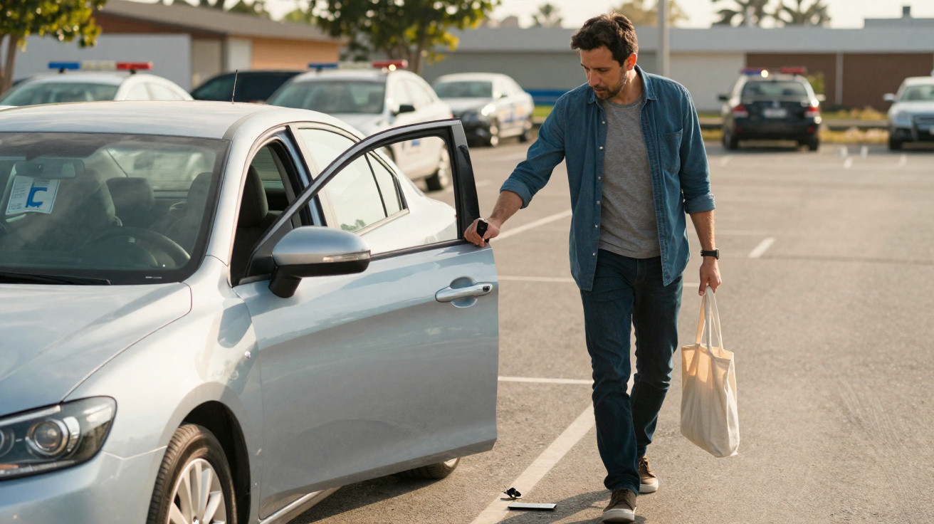 Homem a abrir a porta de um carro estacionado num parque de estacionamento ao ar livre.