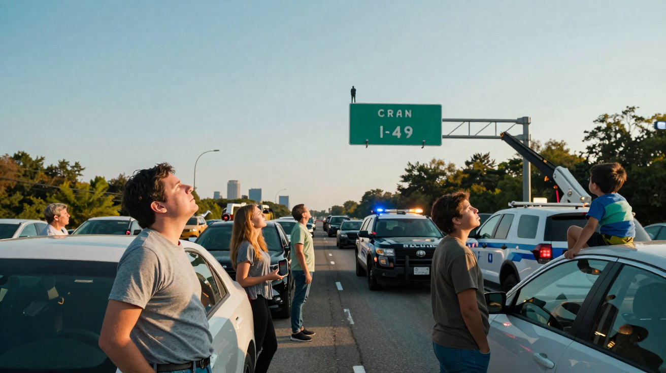 Pessoas paradas na estrada com carros, olhando para um homem pequeno na placa de matrícula I-49.