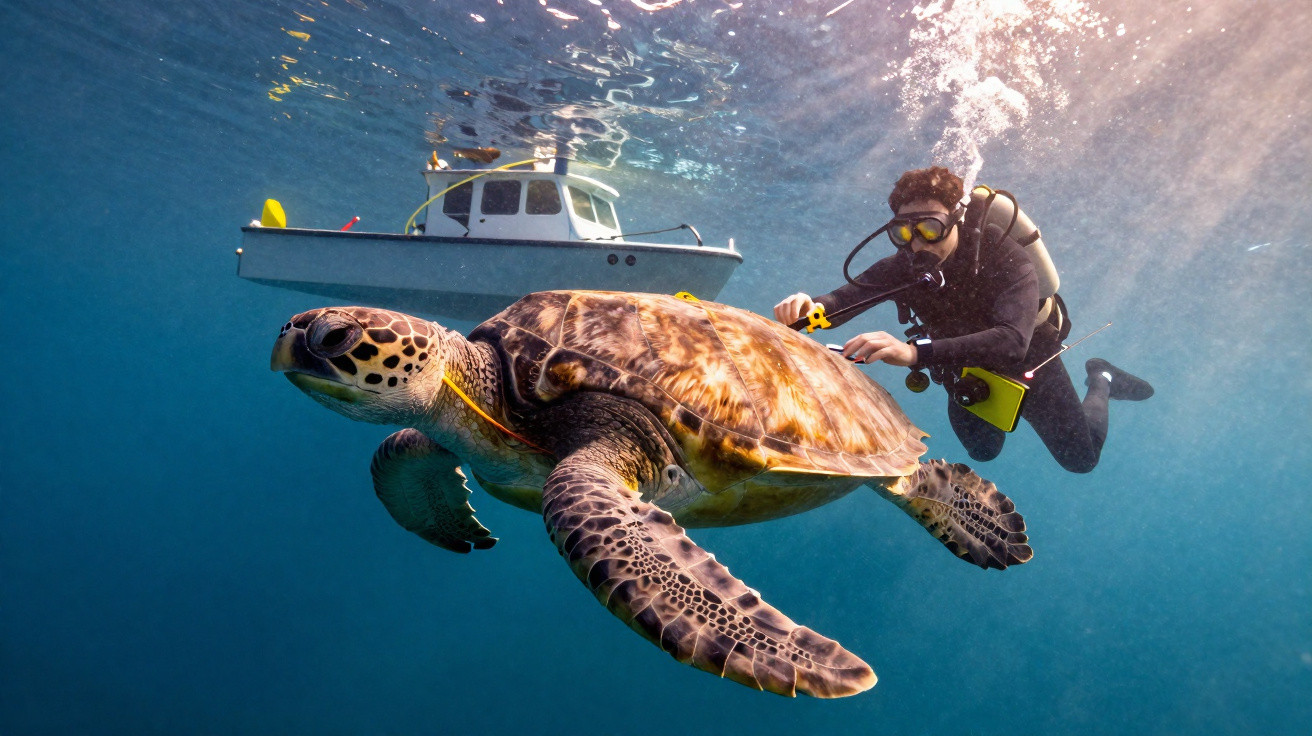 Mergulhador a acompanhar uma tartaruga marinha grande perto da superfície com um barco ao fundo.