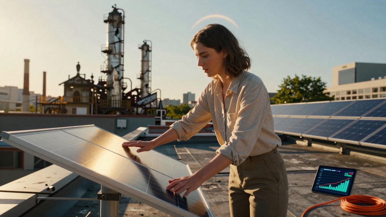 Mulher a ajustar painéis solares numa cobertura com gráficos de energia num tablet ao lado.