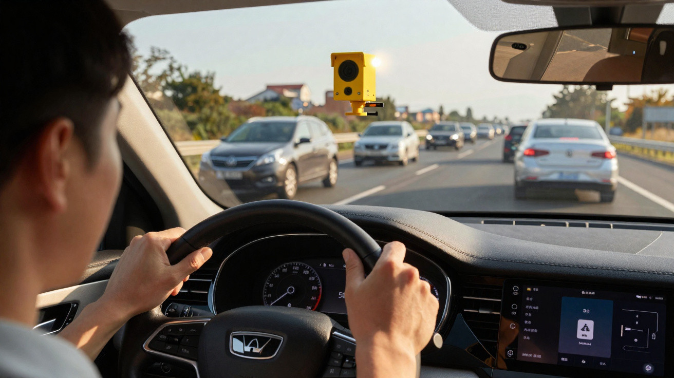 Condutor a conduzir um carro numa autoestrada com radar de velocidade amarelo visível no para-brisas.