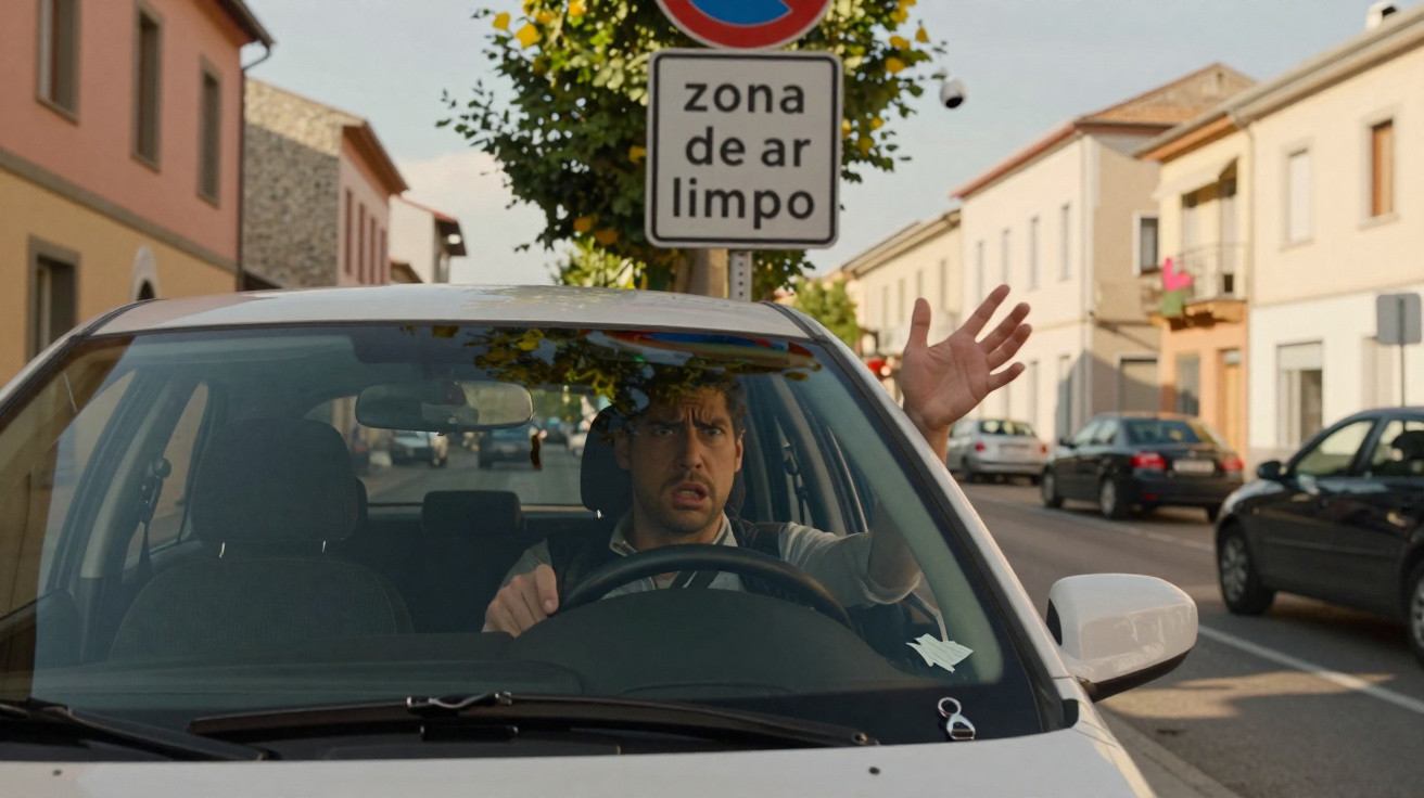 Homem conduz carro branco numa rua urbana com placa de zona de ar limpo ao fundo.