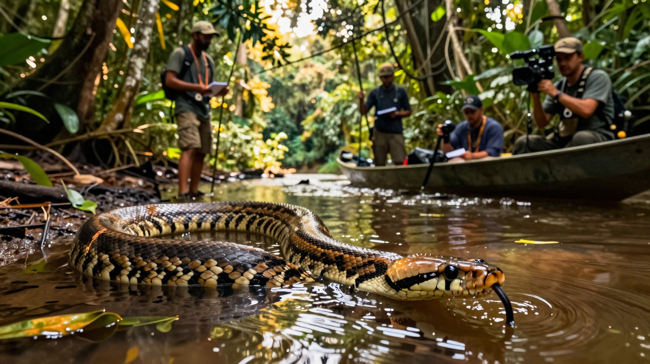 Cobra na água de rio com quatro pessoas e um barco no fundo numa floresta densa.