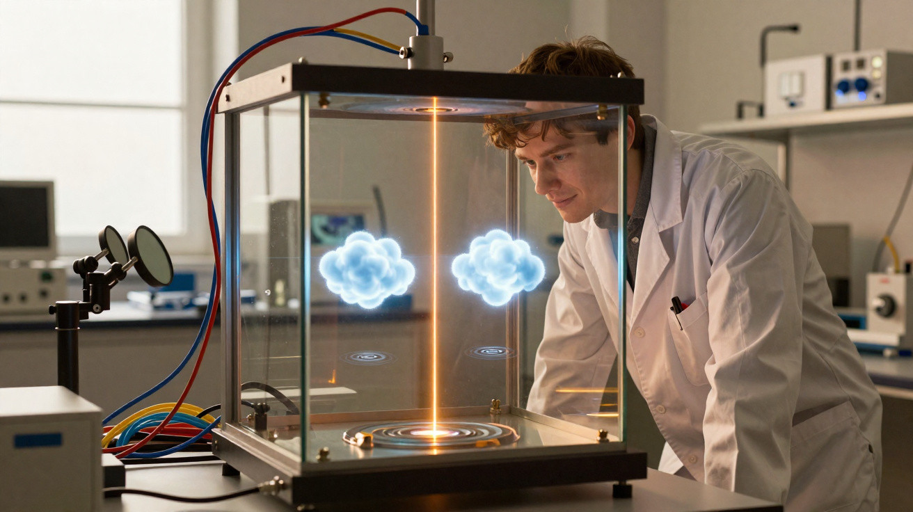 Cientista de jaleco branco observa experimento com projeção digital de nuvens de partículas num laboratório.