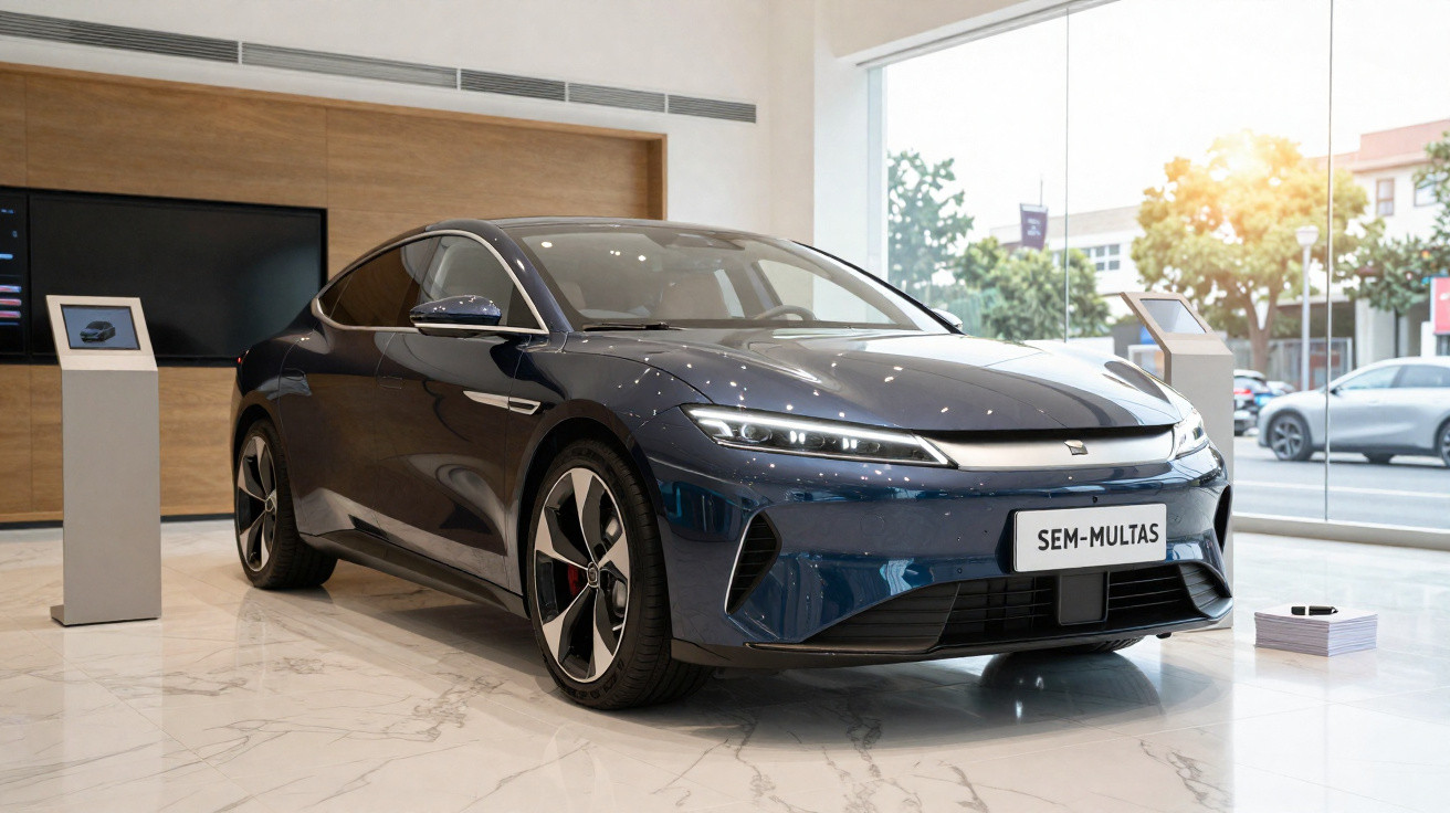 Carro elétrico azul escuro moderno exibido numa sala de exposição com chão em mármore.