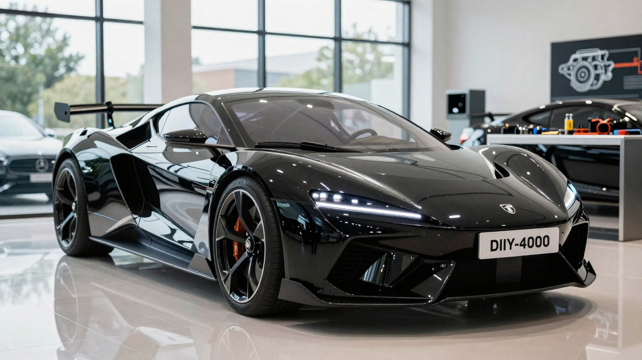 Carro desportivo preto brilhante com design aerodinâmico num showroom moderno e luminoso.
