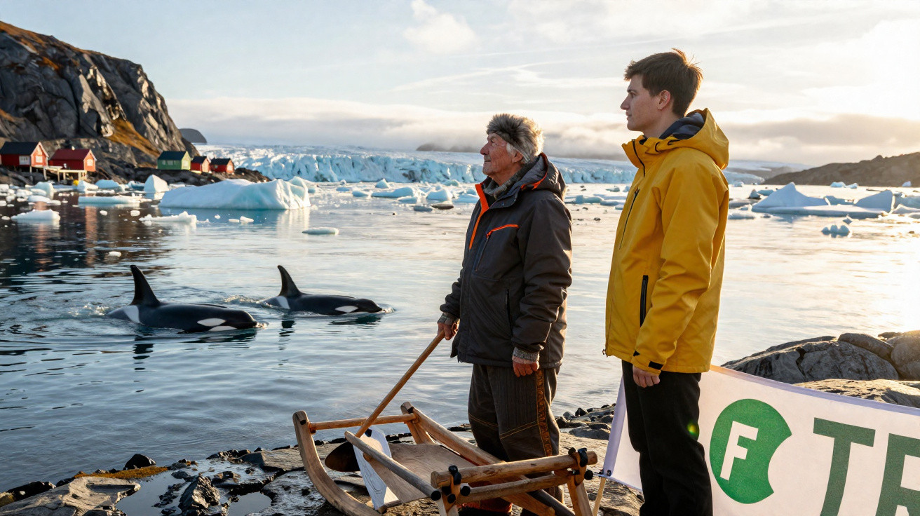 Dois homens observam orcas num fiorde gelado com icebergues e cabanas vermelhas ao fundo.