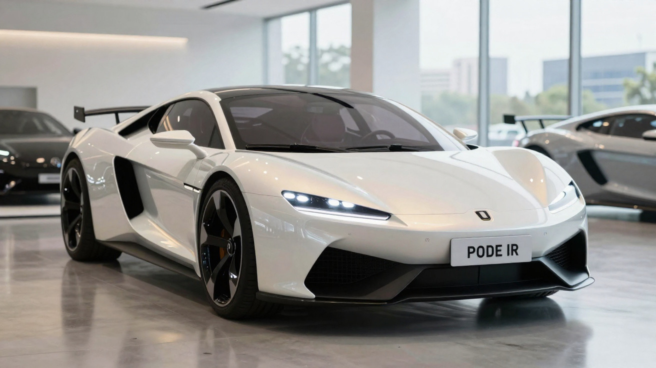 Carro desportivo branco com matrícula "PODE IR" num salão com piso refletor e outras viaturas ao fundo.