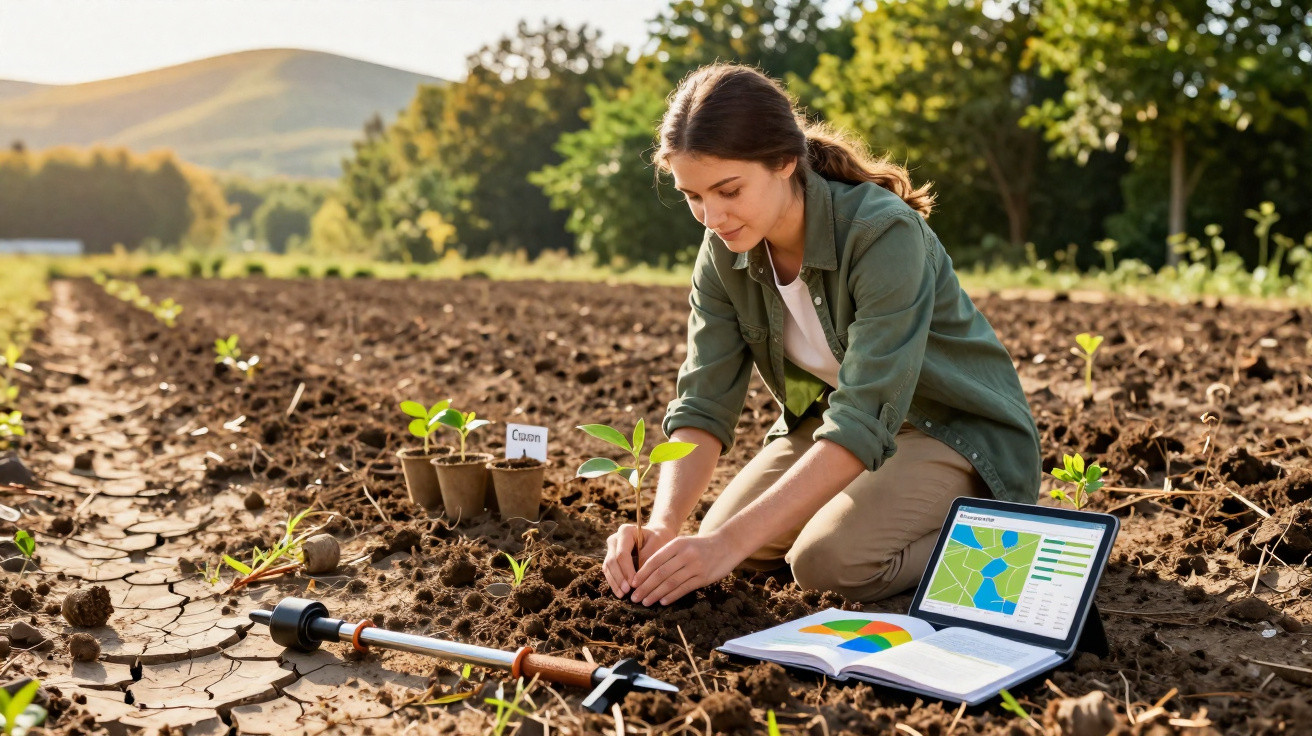 Jovem mulher a plantar uma muda num campo com solo seco, laptop e ferramentas agrícolas ao lado.