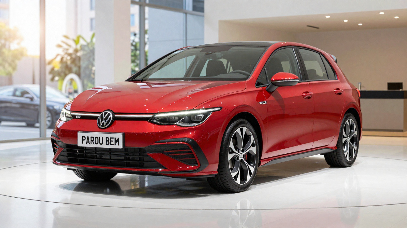 Automóvel Volkswagen Golf vermelho em exposição numa sala moderna com janelas amplas.