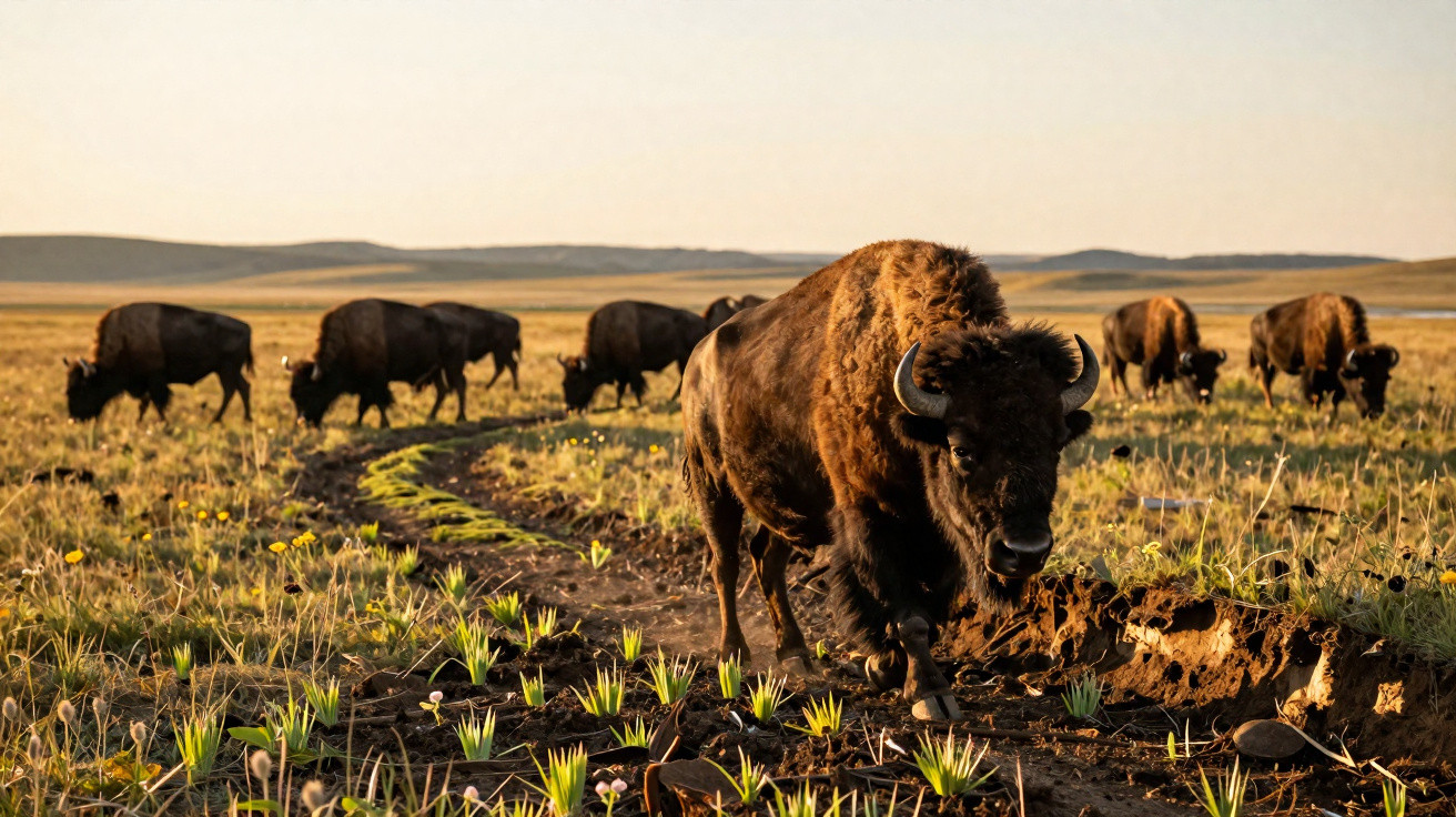 Manada de bisontes a pastar num campo aberto sob luz dourada do pôr do sol.