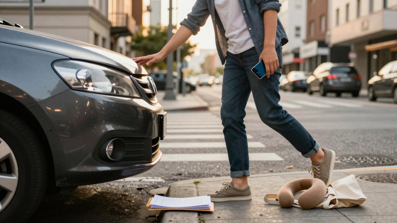 Pessoa confiante tocando o capô de um carro estacionado na rua, com bolsa e equipamento no chão.