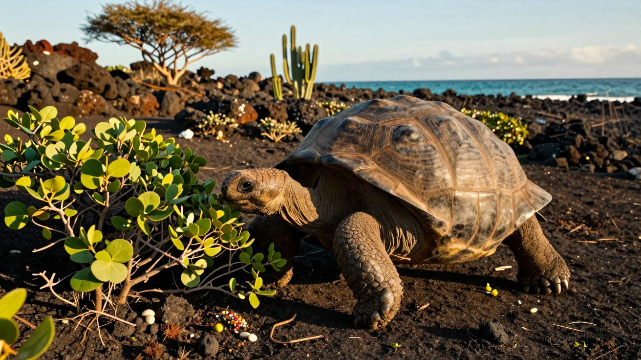 Tartaruga terrestre numa paisagem árida com plantas, rochas escuras e o mar ao fundo.