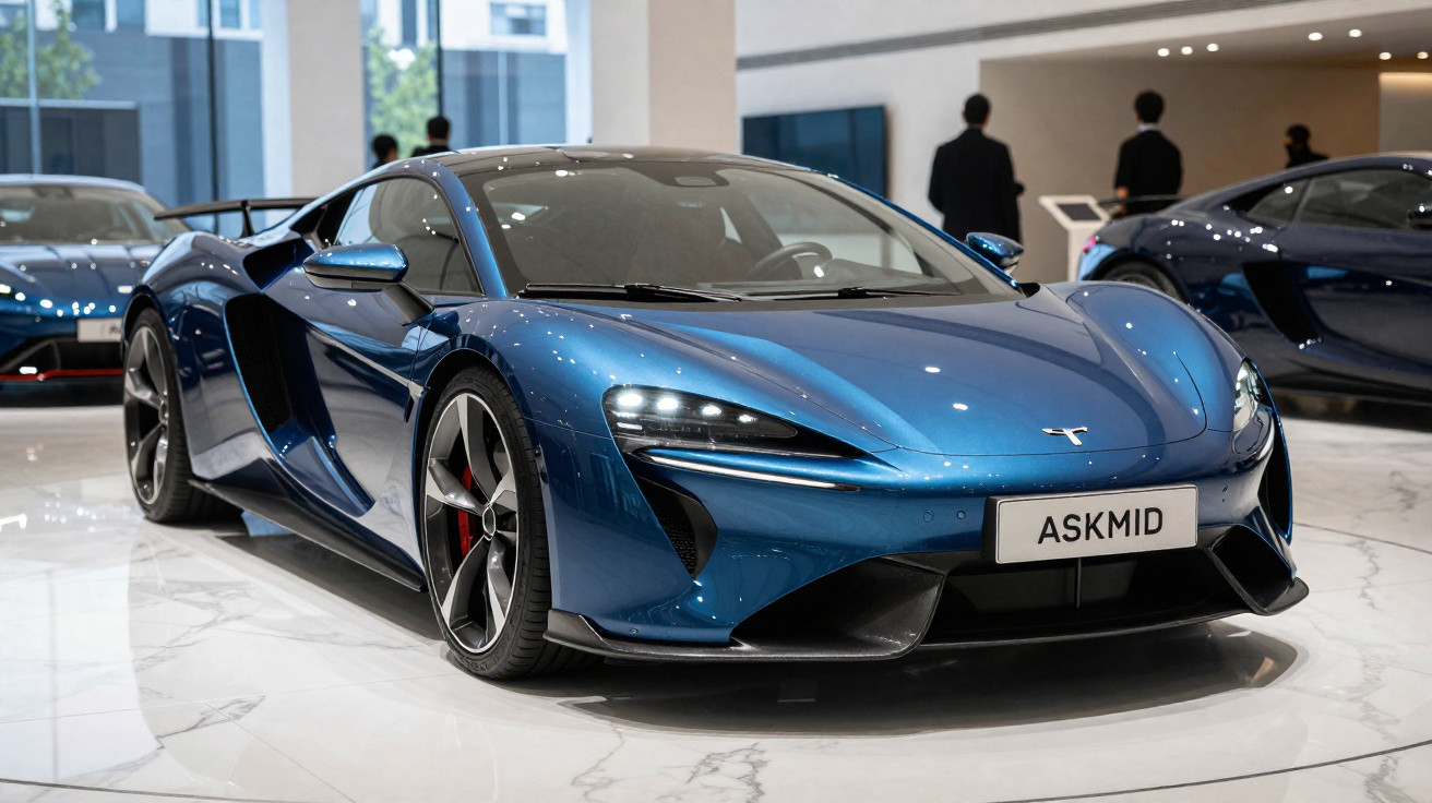 Carro desportivo azul metálico em showroom com piso em mármore e três pessoas ao fundo.