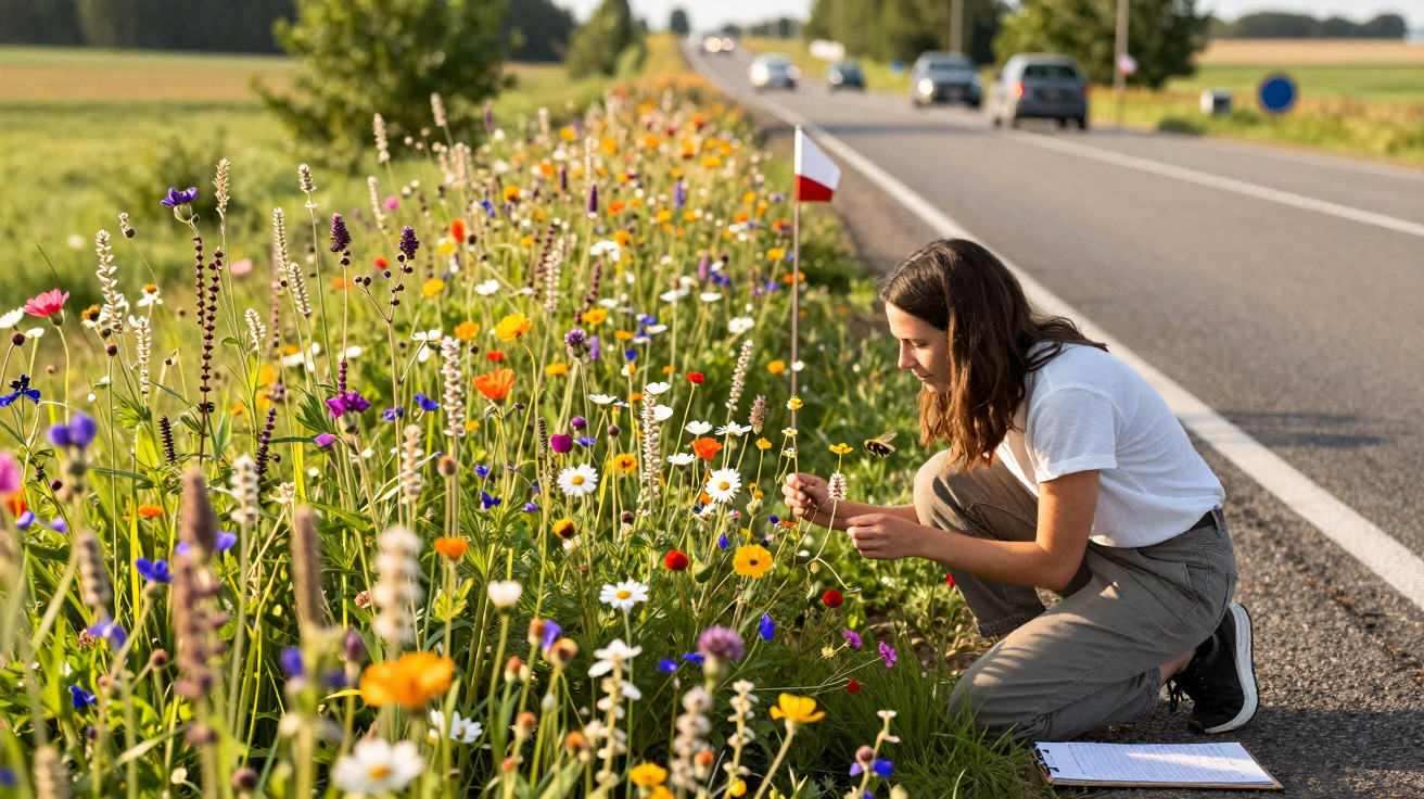 Pessoa a examinar flores silvestres à beira de estrada com trânsito e paisagem rural ao fundo.