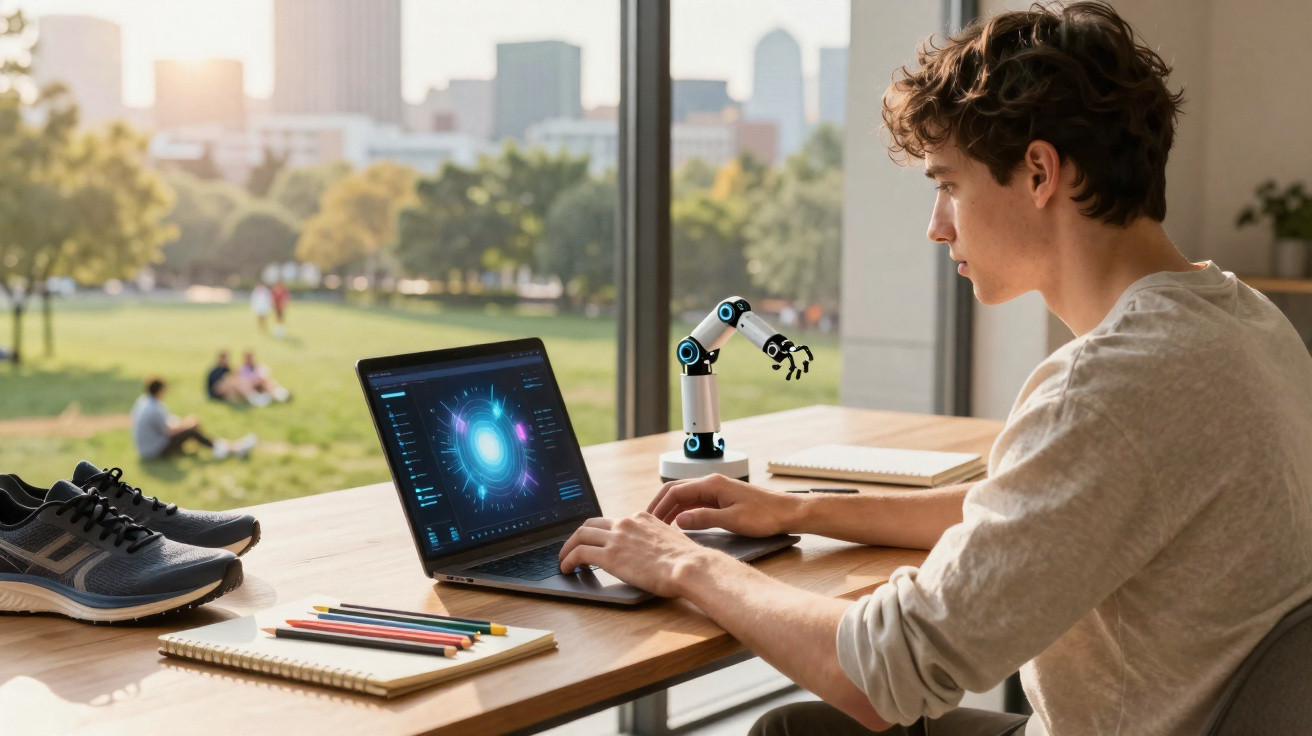 Jovem trabalha num portátil com imagem digital futurista, ao lado de braço robótico, junto a janela com vista para parque.