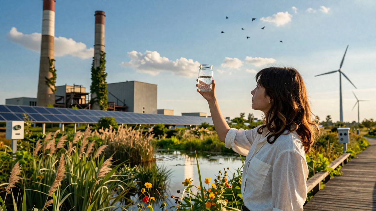 Mulher observa copo de água em ambiente com vegetação, turbinas eólicas, painéis solares e chaminés industriais ao fundo.