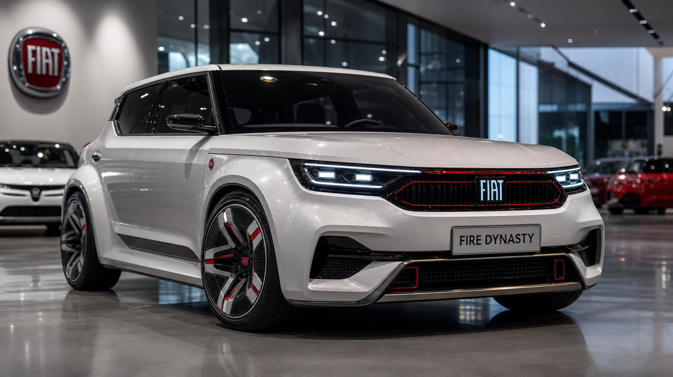 Carro elétrico branco Fiat Fire Dynasty em exposição numa concessionária moderna com iluminação suave.