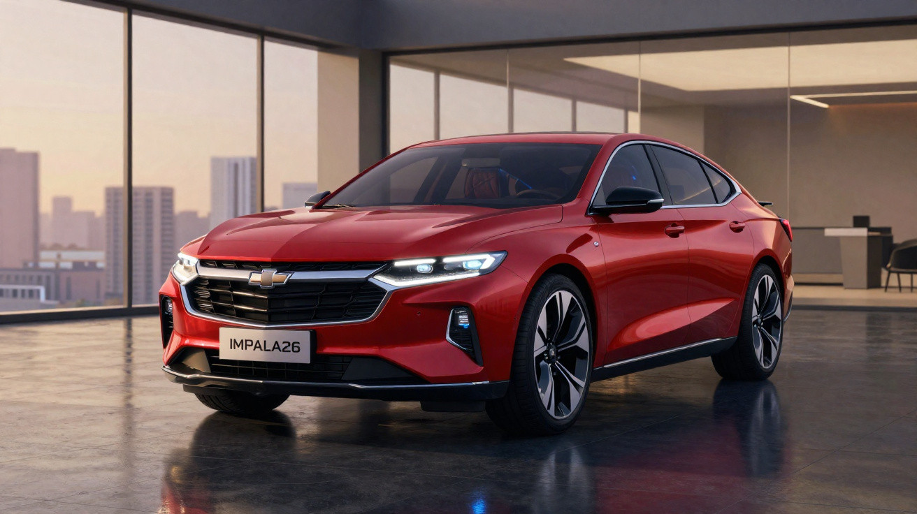 Automóvel vermelho Chevrolet Impala 26 estacionado em showroom moderno com vidro panorâmico ao pôr do sol.