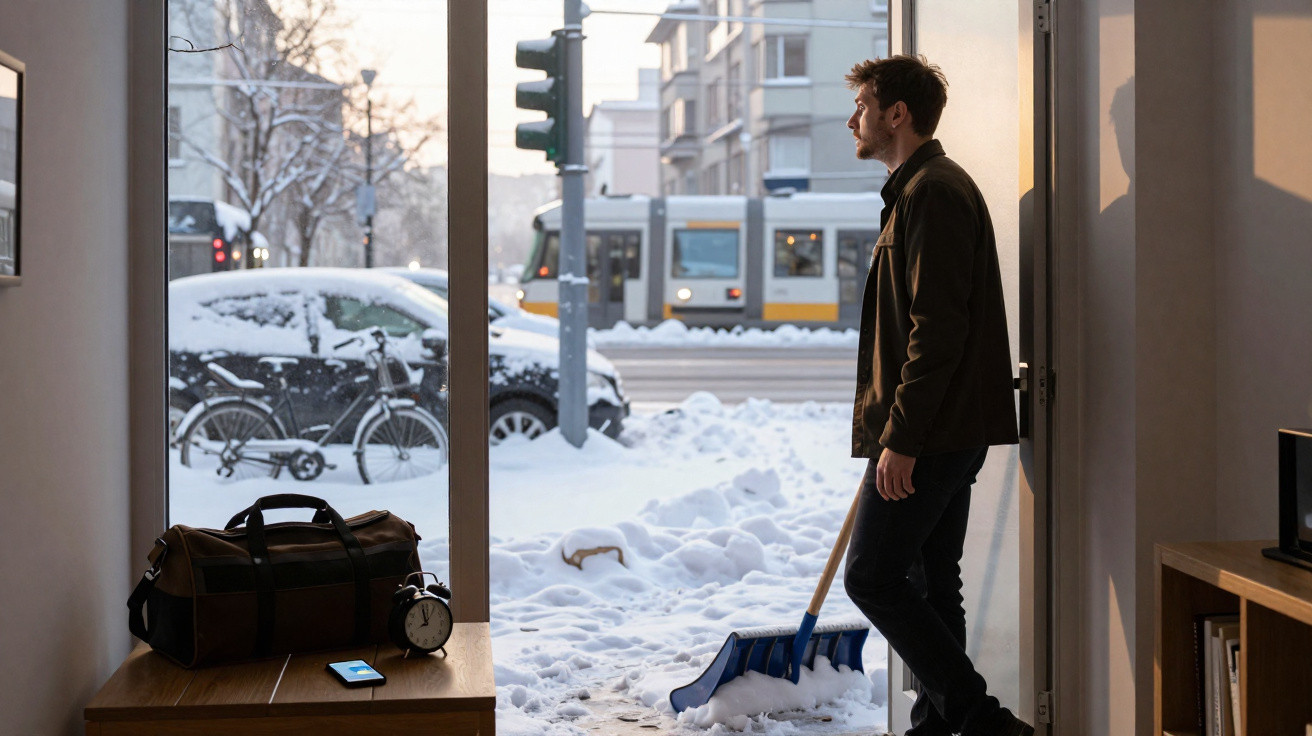 Homem a observar neve do interior de uma casa, com pá de neve na mão e rua coberta de neve ao fundo.