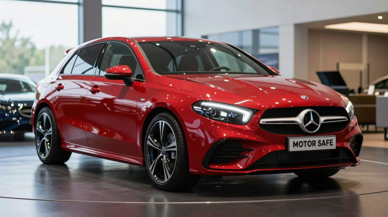 Carro Mercedes-Benz vermelho brilhante em exposição numa sala moderna com piso cinzento.
