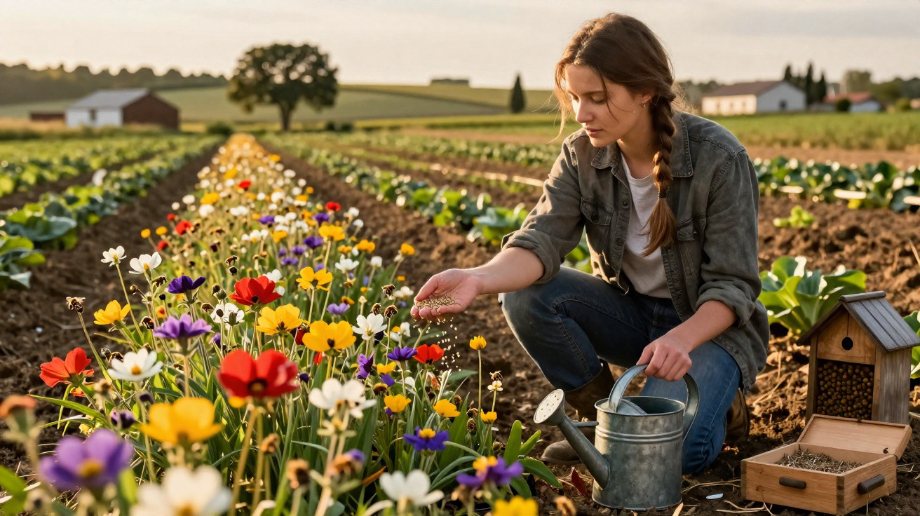Jovem agricultora rega flores coloridas numa horta rural ao pôr do sol, com casas ao fundo.