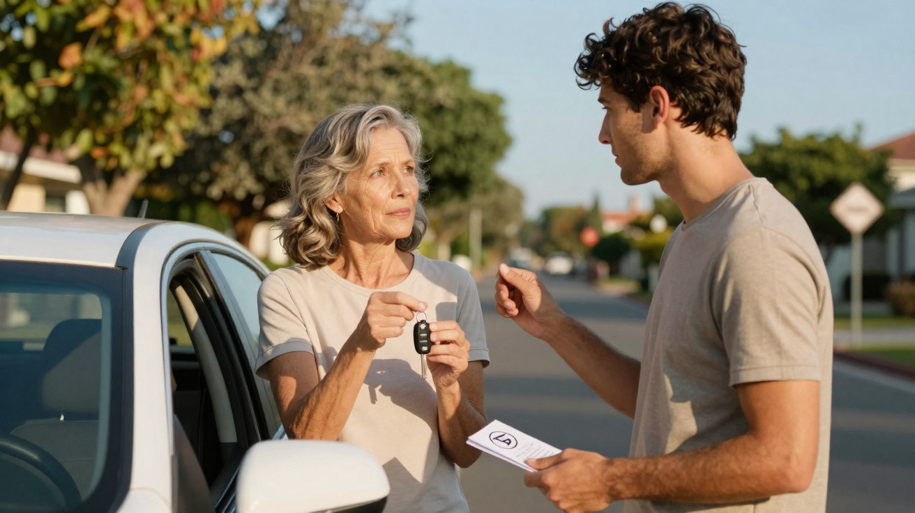 Mulher a receber a chave de um carro de um homem numa rua residencial ao pôr do sol.