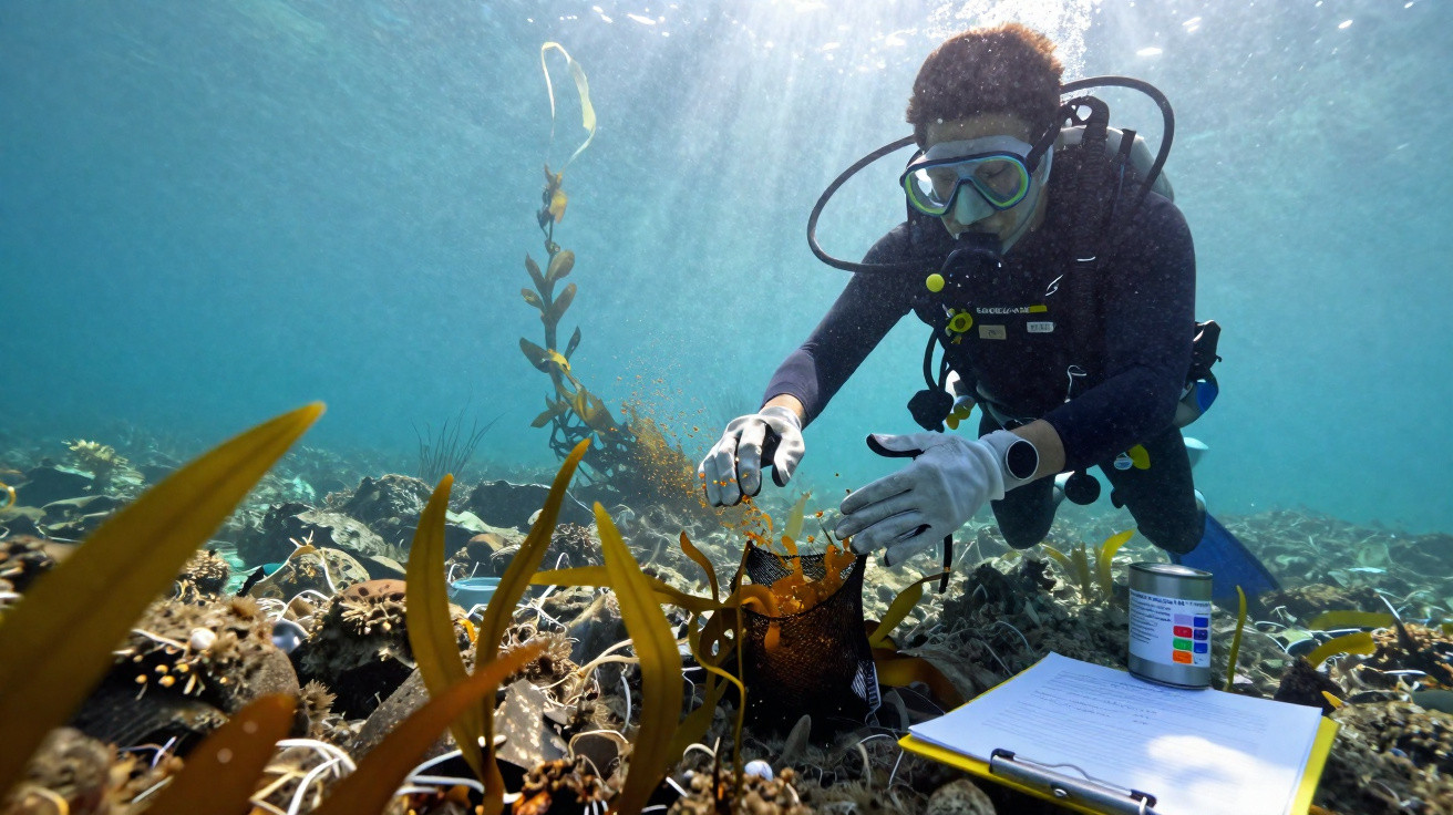 Mergulhador faz pesquisa científica marinha junto a algas com equipamento de mergulho e prancheta subaquática.