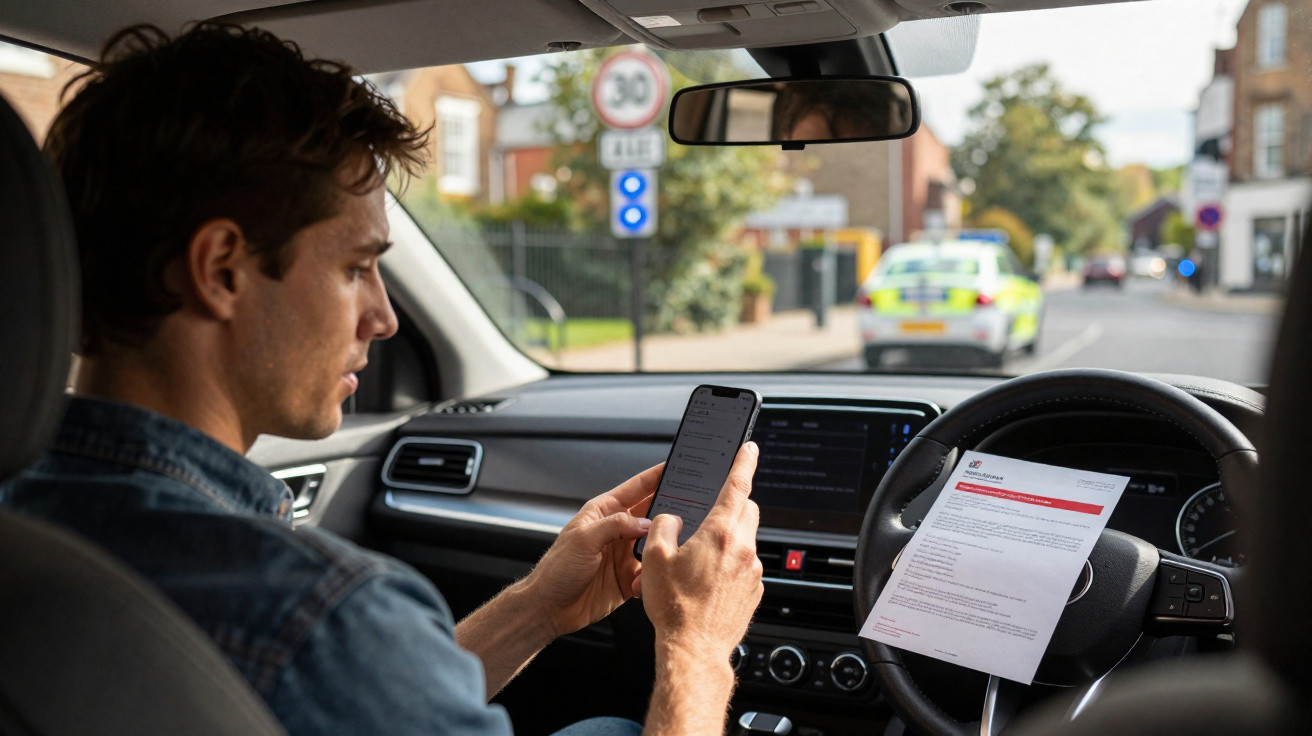 Homem sentado ao volante de carro, a usar telemóvel, com carta de multa no volante e viatura policial ao fundo.