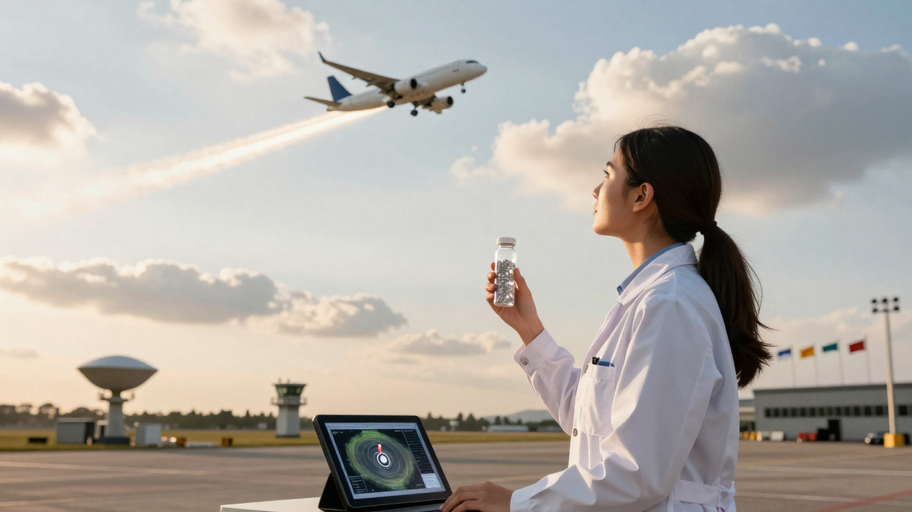 Mulher em bata branca segura frasco com pílulas, observa avião descolar no aeroporto, com tablet aberto.