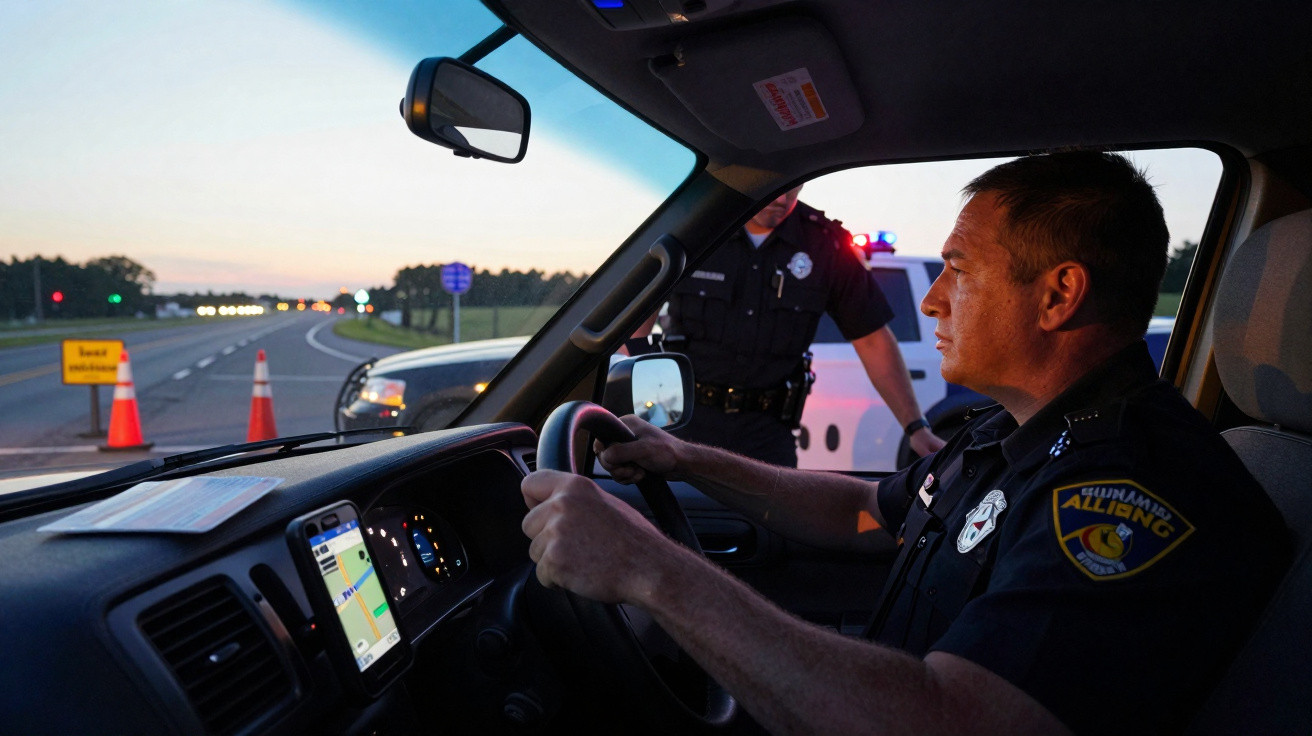 Polícia sentado ao volante de viatura durante abordagem policial numa estrada ao entardecer.