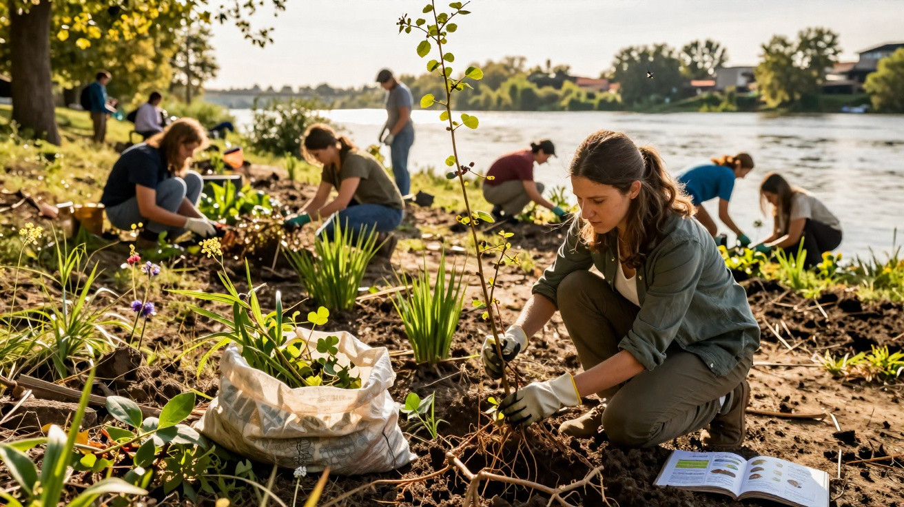Grupo de pessoas a plantar árvores e plantas junto a um rio em dia ensolarado.