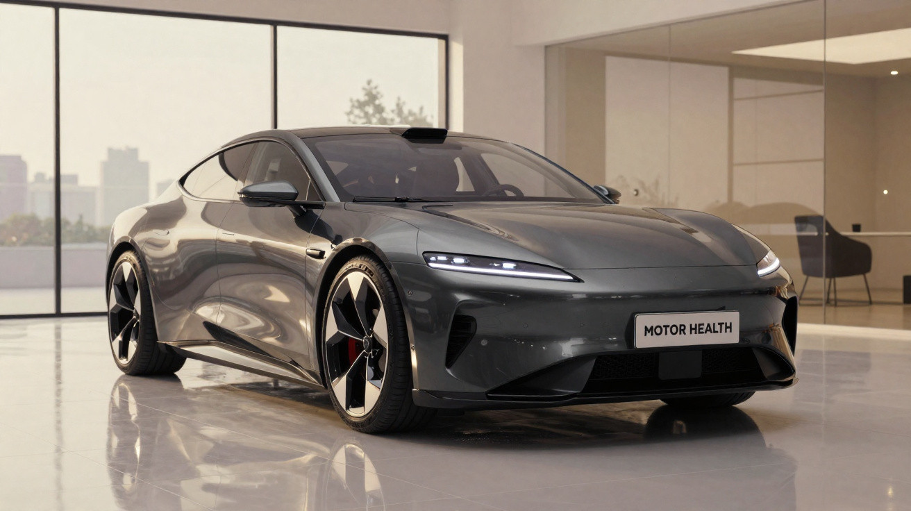 Carro desportivo elétrico cinza metálico estacionado num showroom moderno e luminoso.
