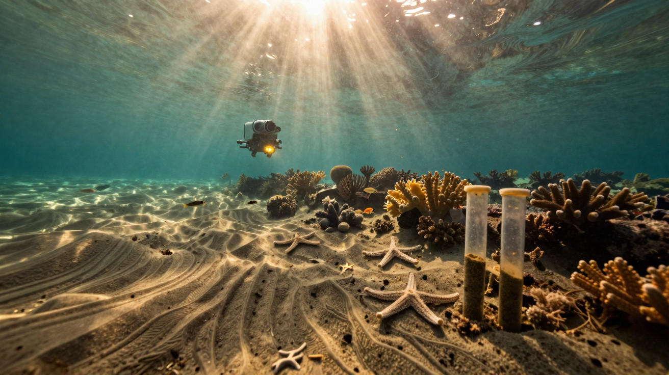 Veículo subaquático a explorar recife coralífero com estrelas-do-mar e amostras no fundo do mar iluminado pela luz solar.