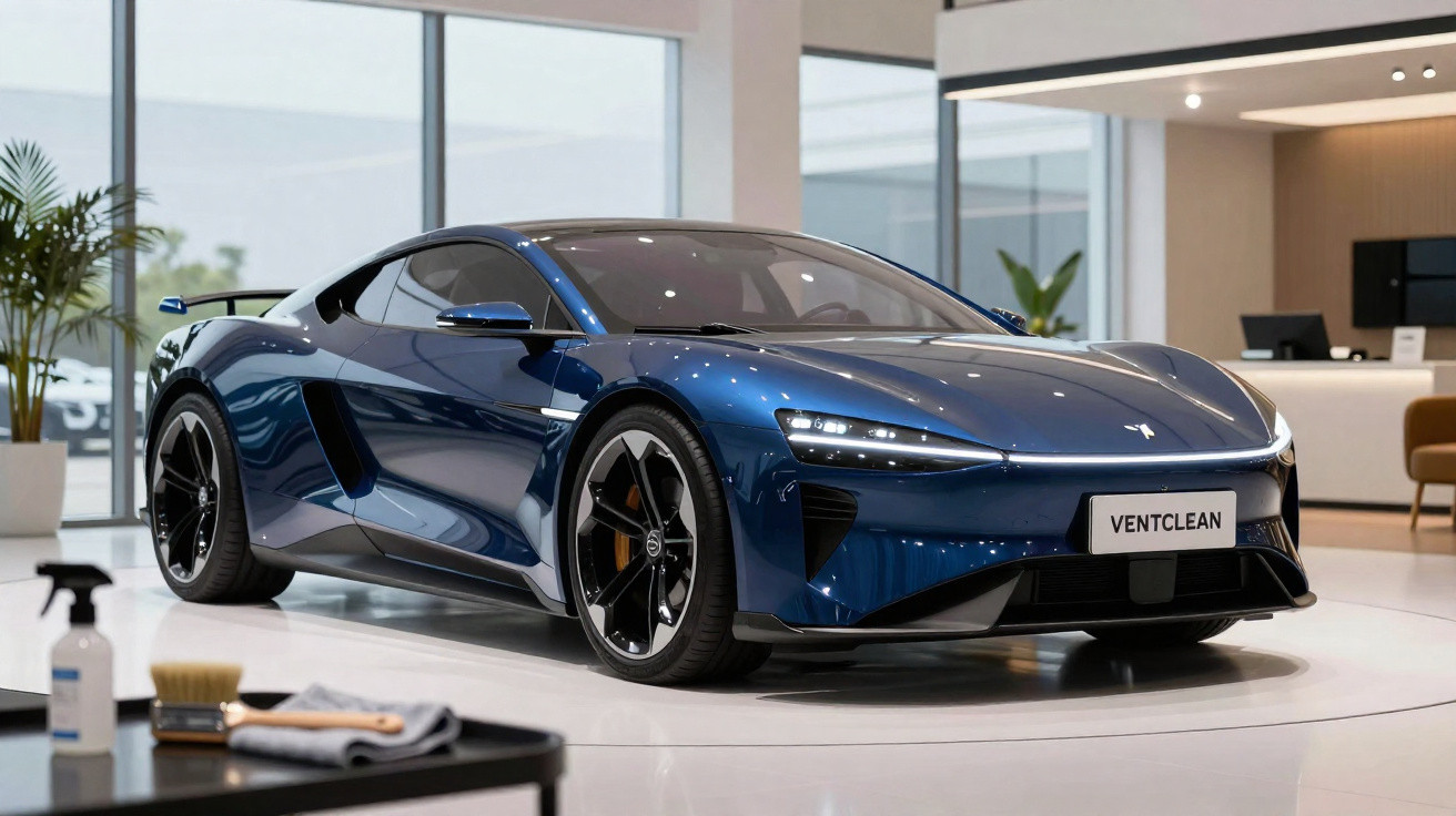Carro desportivo elétrico azul metálico numa sala de exposição moderna, com rodas pretas e interiores visíveis.