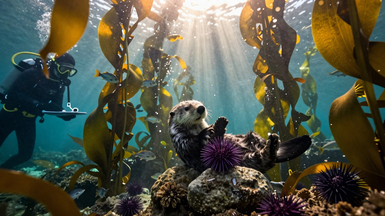 Lontra marinha subaquática segurando um ouriço-do-mar, com um mergulhador a observar numa floresta de algas.