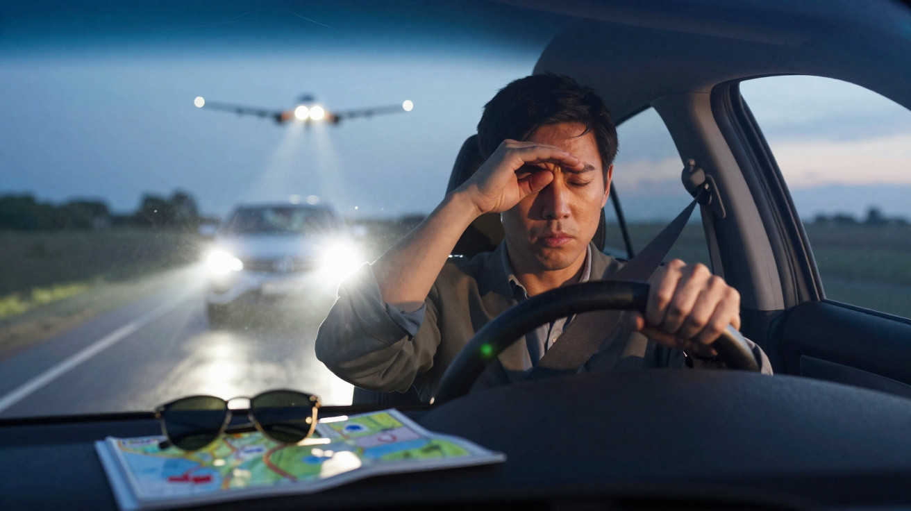 Homem cansado a conduzir à noite com faróis de carro e avião a aproximarem-se na estrada atrás dele.