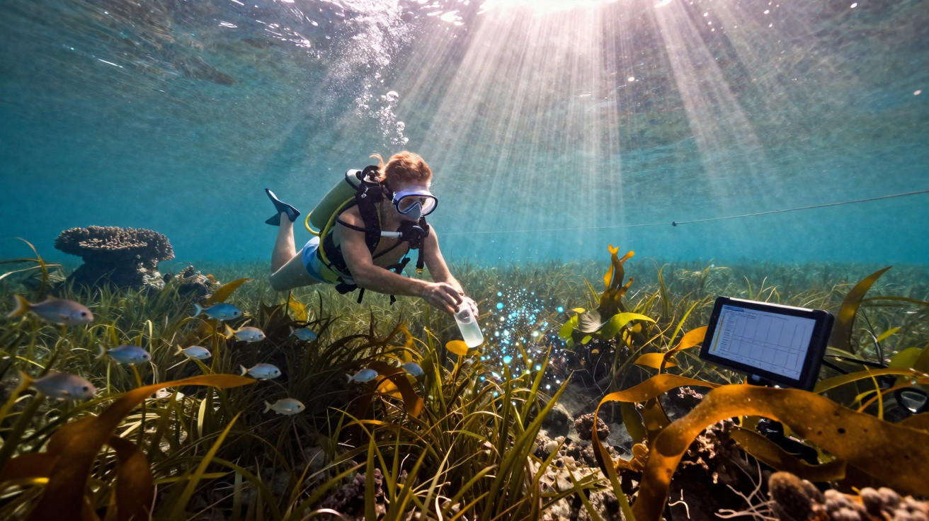 Mergulhador recolhe amostra de água rodeado por peixes e plantas marinhas, com ecrã de monitorização no fundo.
