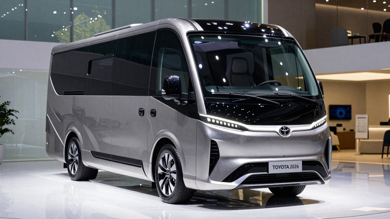 Minibus Toyota prata 2026 com design moderno e faróis LED exposto numa feira automóvel.