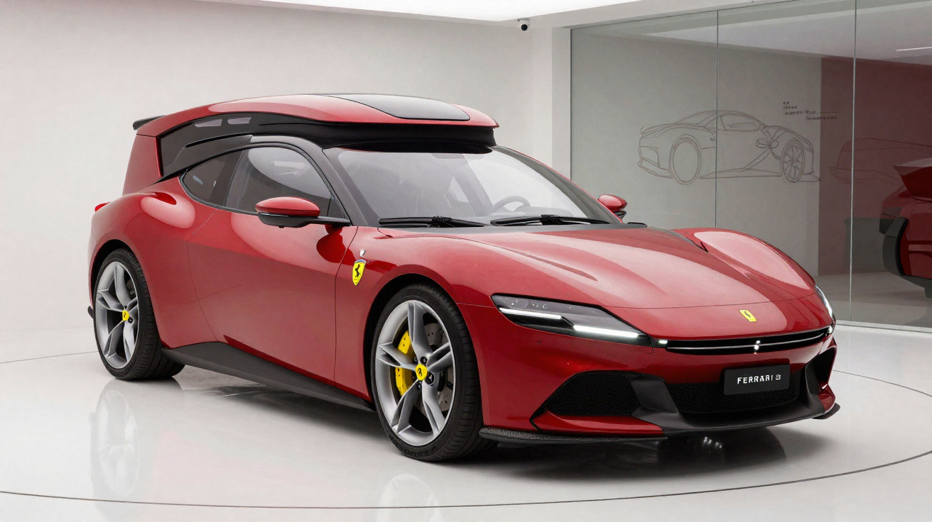 Carro desportivo Ferrari elétrico vermelho com detalhes amarelos, exposto em showroom branco e paredes de vidro.